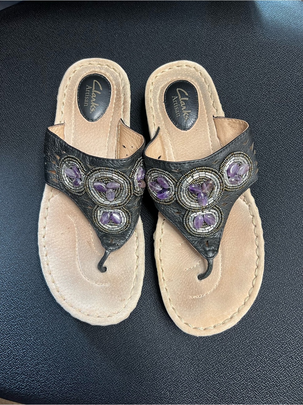 Clarks Artisan Black Thong Sandals with Purple Bead Embellishments